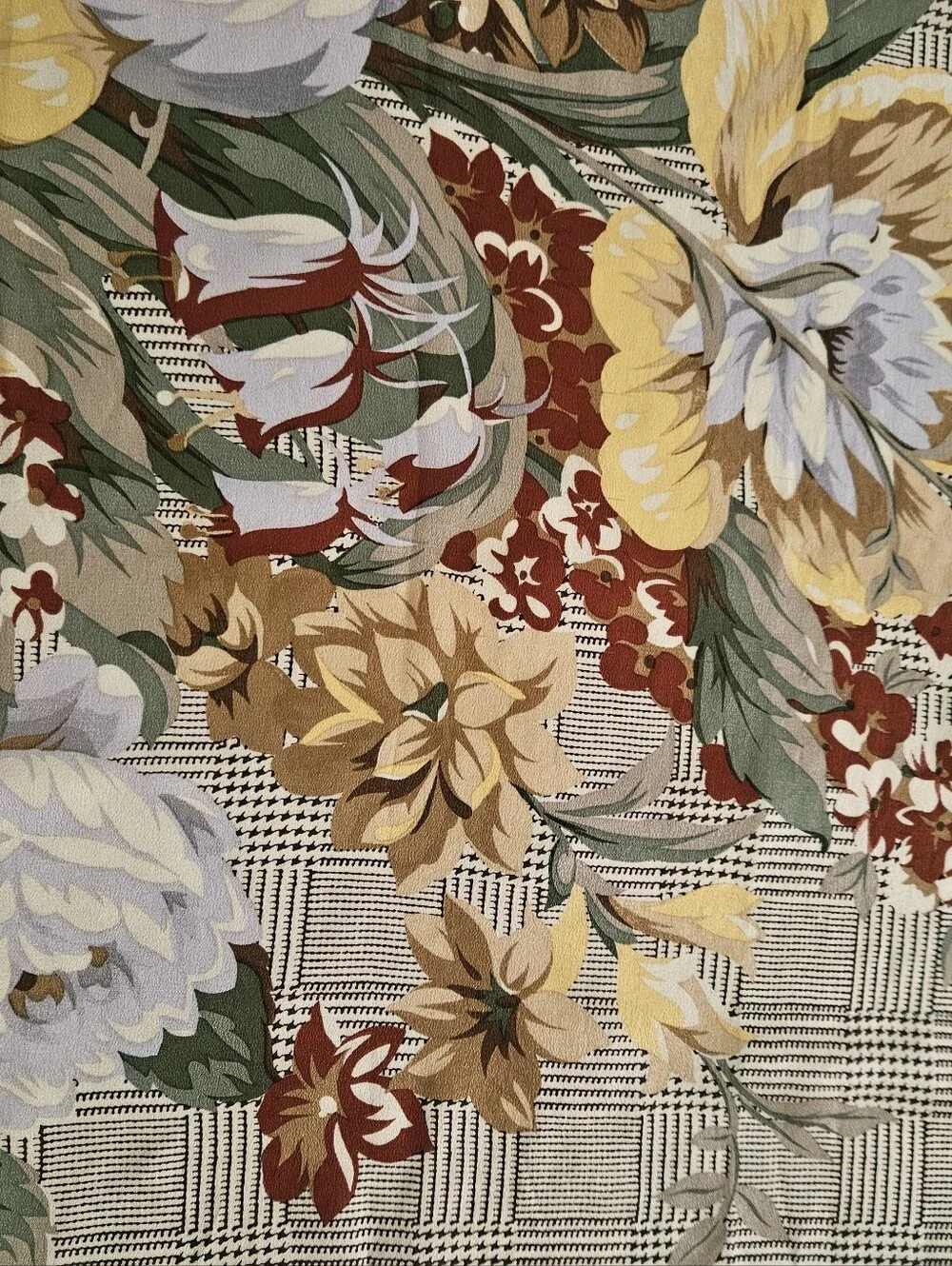Echo Silk Floral Bouquet Glen Plaid Square Scarf Brown Gold 32